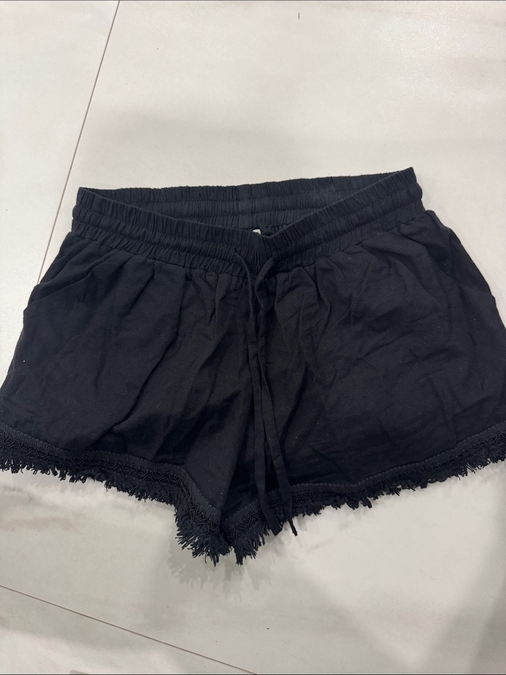 Women’s Black Fringe Hem Drawstring Shorts